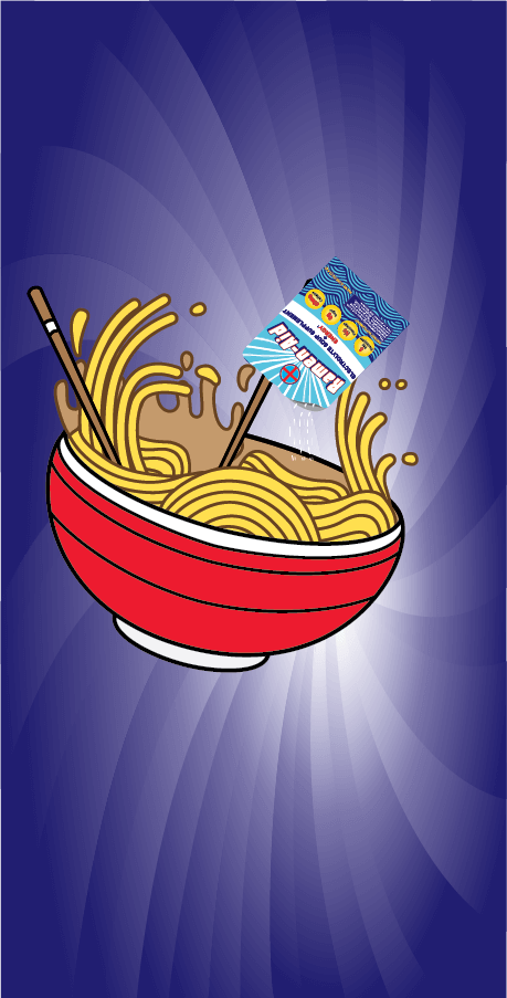 Illustration of Ramen-Aid packet being stirred into ramen soup — offers hydration, energy, and immune support with electrolytes and vitamins in a simple format.