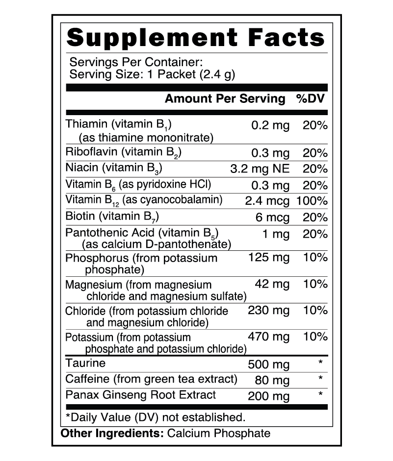 Detailed supplement facts for Ramen-Aid Energy — includes essential B vitamins, magnesium, potassium, caffeine, ginseng, and electrolytes for hydration and alertness.