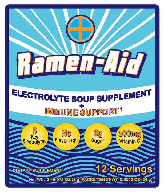 Ramen-Aid Immune Support front label — electrolyte soup supplement with 5 key electrolytes, 0g sugar, no flavorings, and 300mg Vitamin C for immune and hydration support.