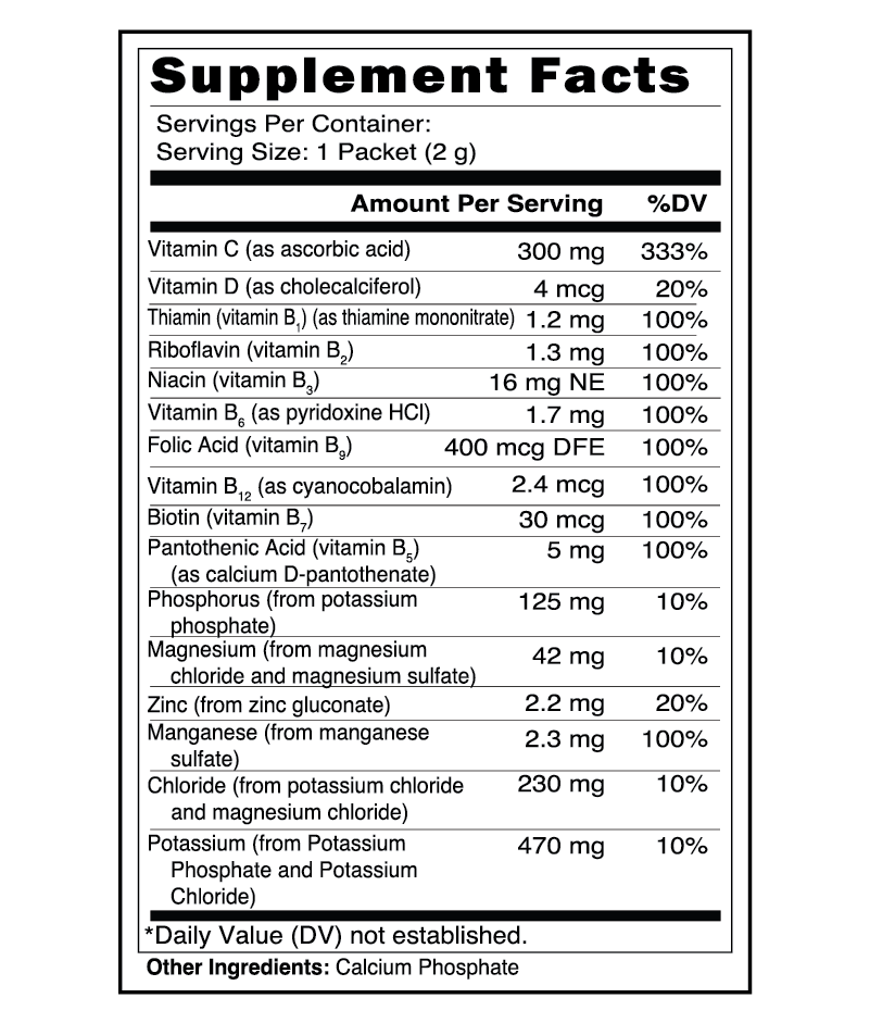 Supplement facts panel for Ramen-Aid Immune Support — includes 300mg Vitamin C, Vitamin D, Zinc, B-complex, Magnesium, and electrolytes for hydration and immune system fortification.